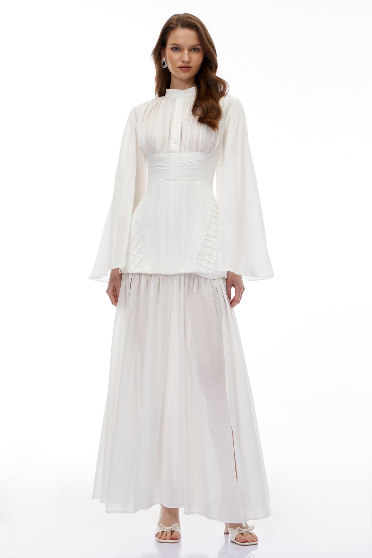 Aurohaya Lene White High Slit Ruched Maxi Dress