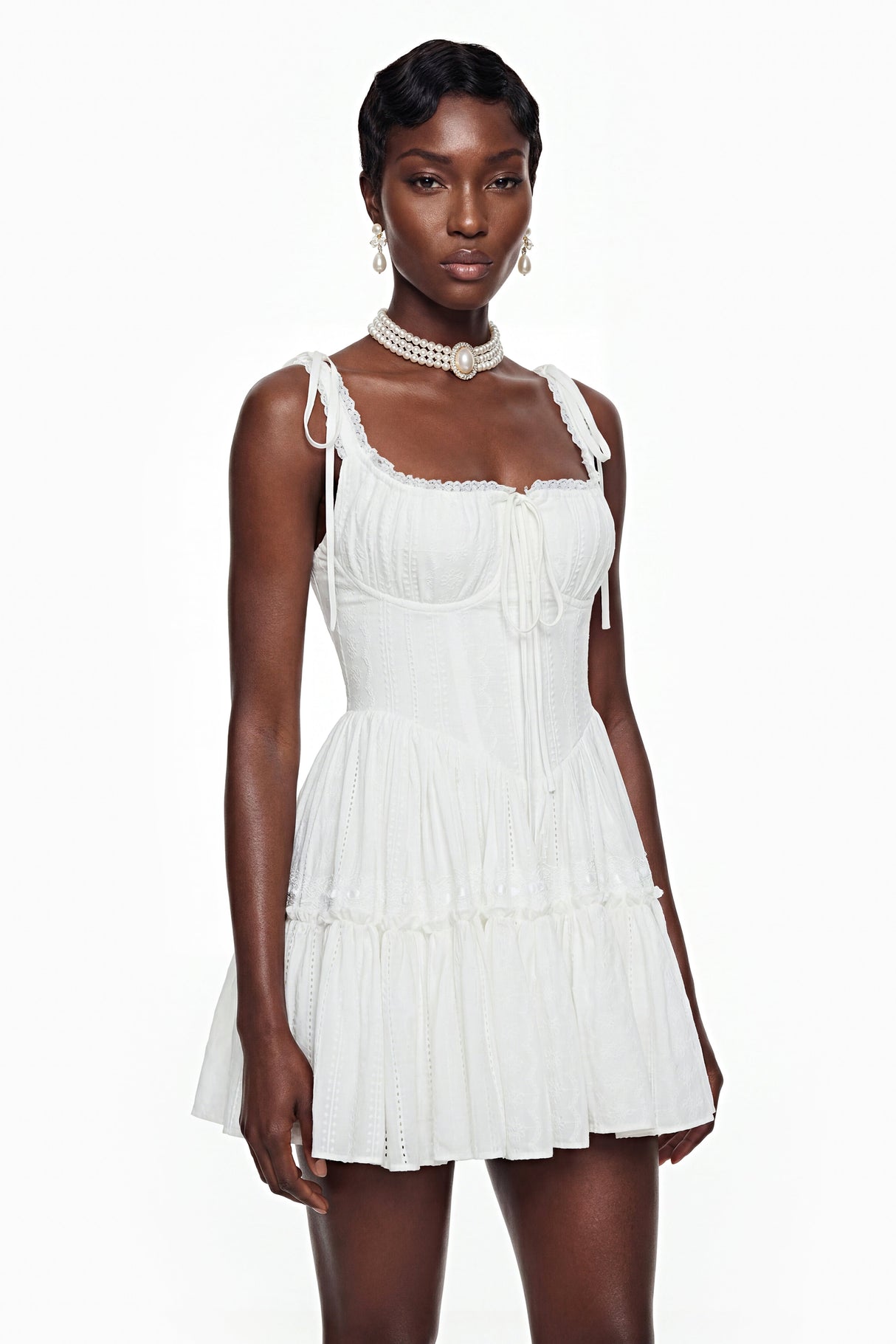 Aurohaya Lente White Ruffled Lace Mini Dress