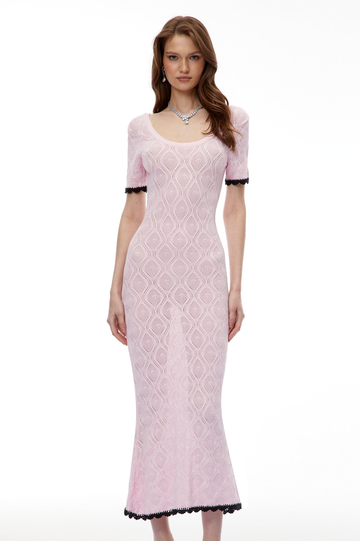 Aurohaya Leucothea Pink Textured Knit Midi Dress