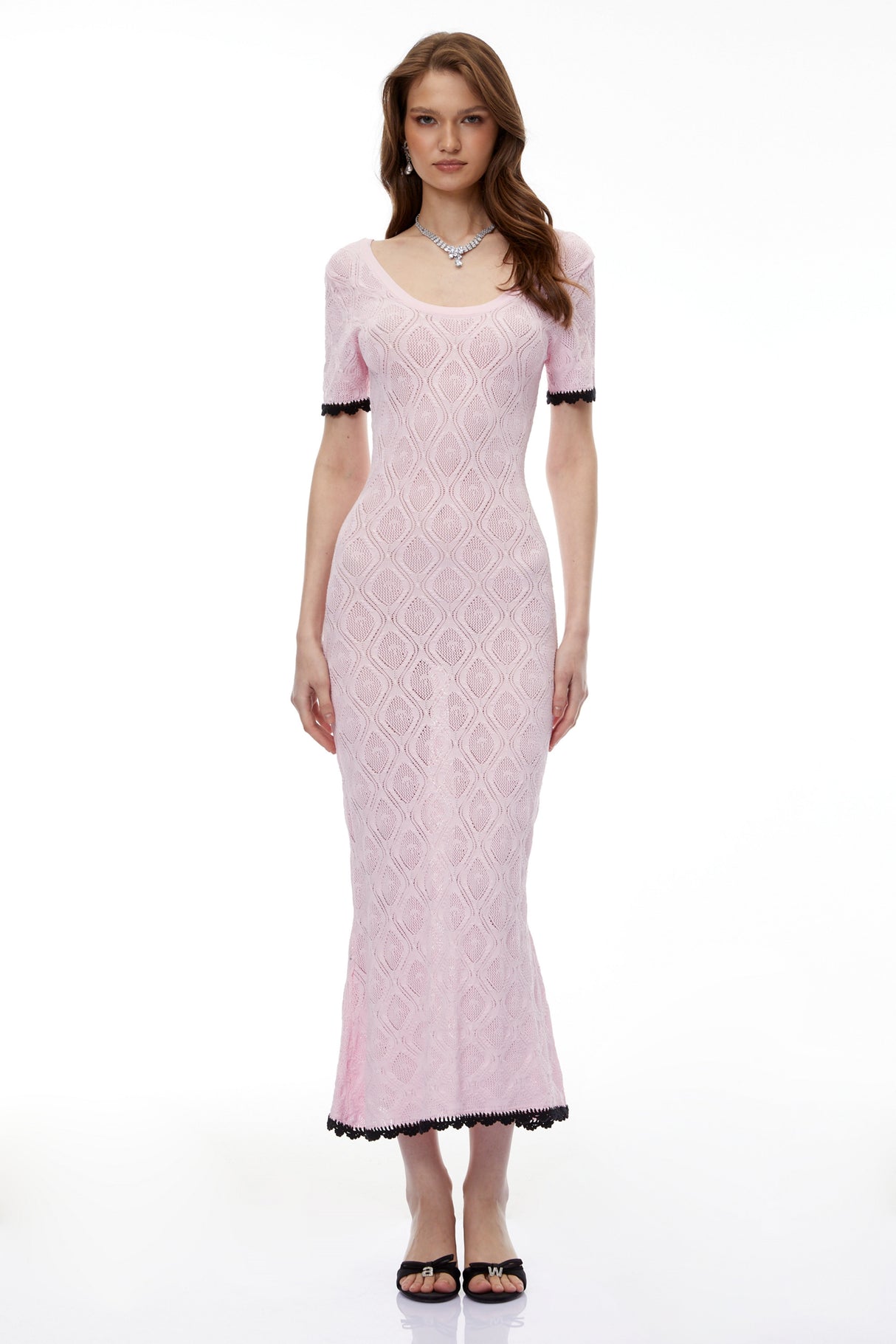 Aurohaya Leucothea Pink Textured Knit Midi Dress