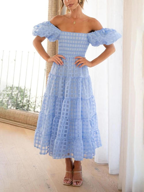 Aurohaya Fashionable One-Shoulder Chiffon Puff Sleeve Swing Midi Dress Blue