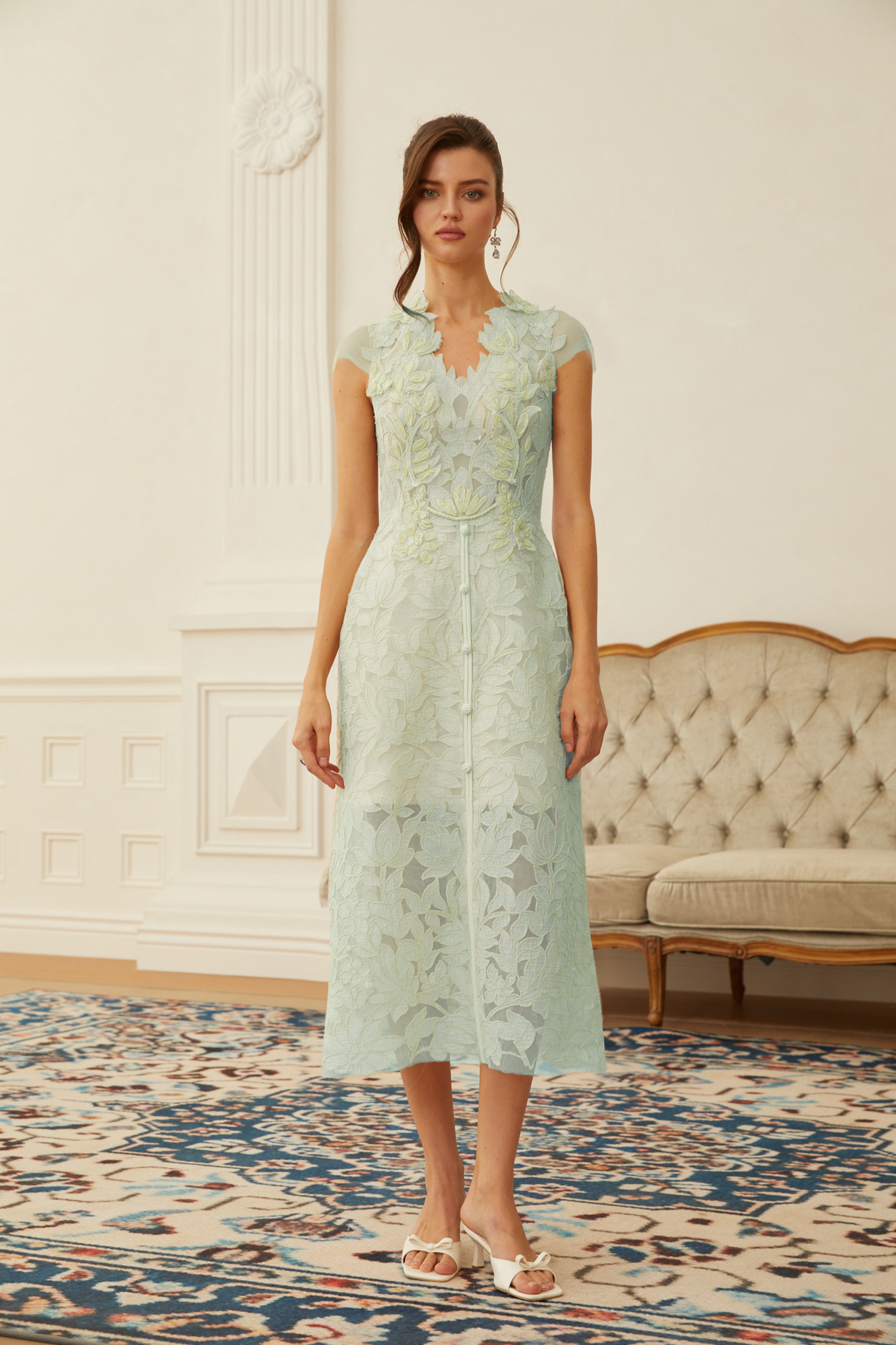 Aurohaya Linnea Green Floral Applique V-Neck Midi Dress