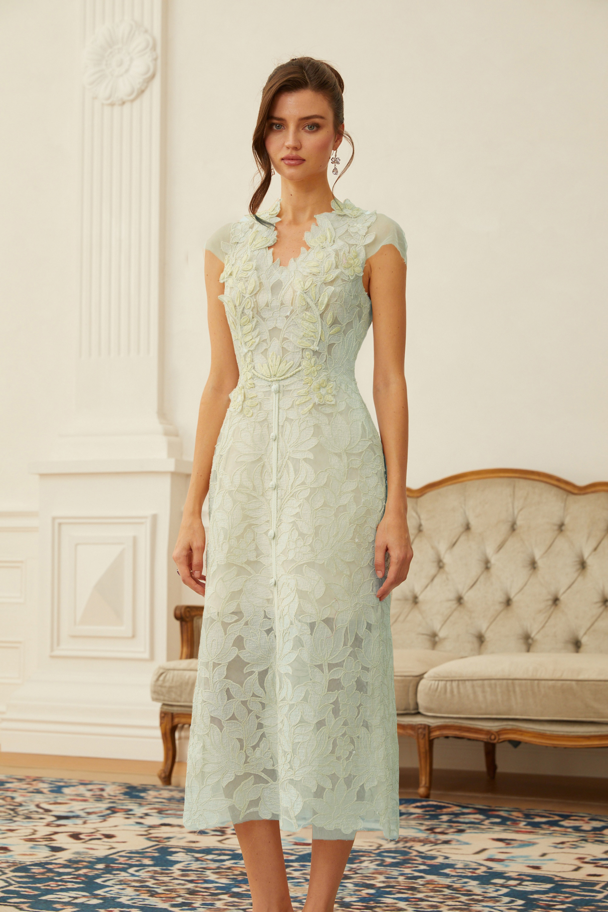 Aurohaya Linnea Green Floral Applique V-Neck Midi Dress