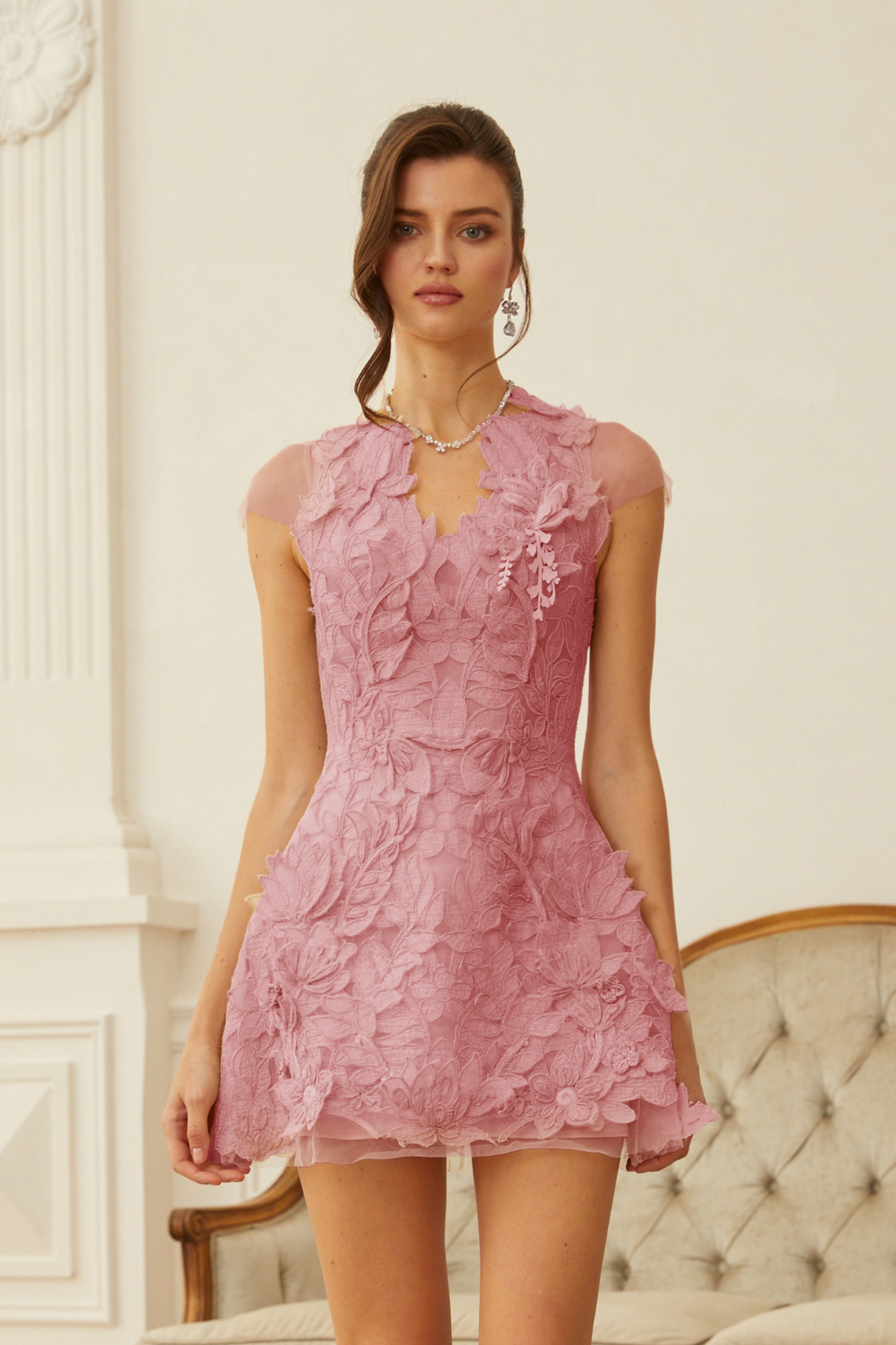 Aurohaya Linnea Pink Floral Applique V-Neck Mini Dress