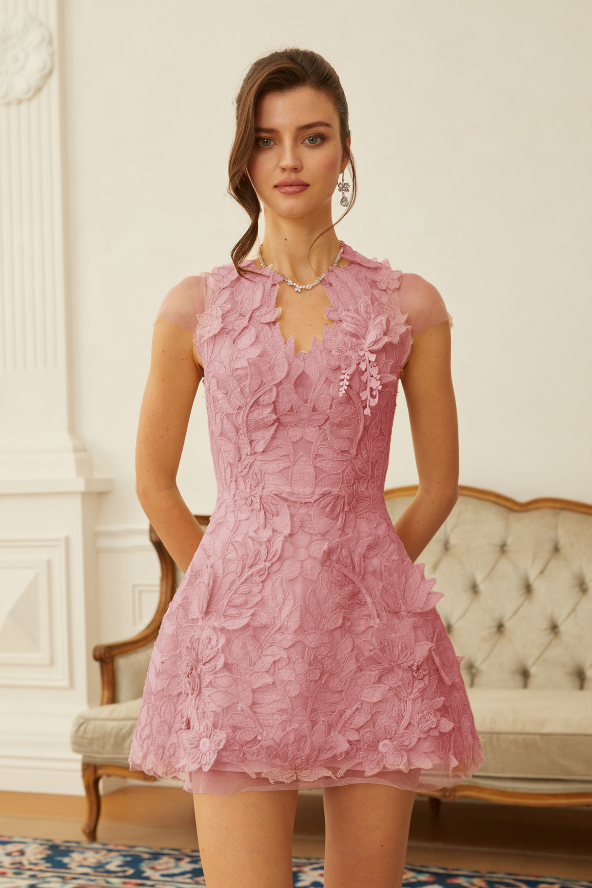 Aurohaya Linnea Pink Floral Applique V-Neck Mini Dress