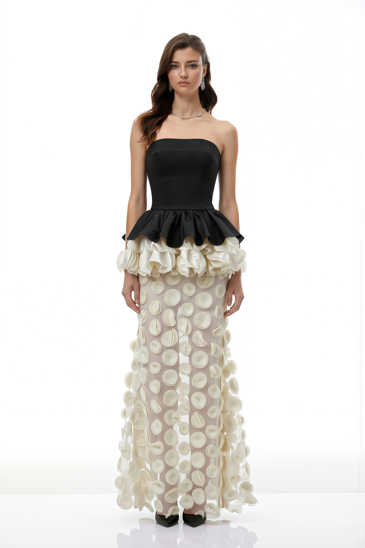 Aurohaya Lioren Black Off Shoulder Maxi Dress with Floral Applique