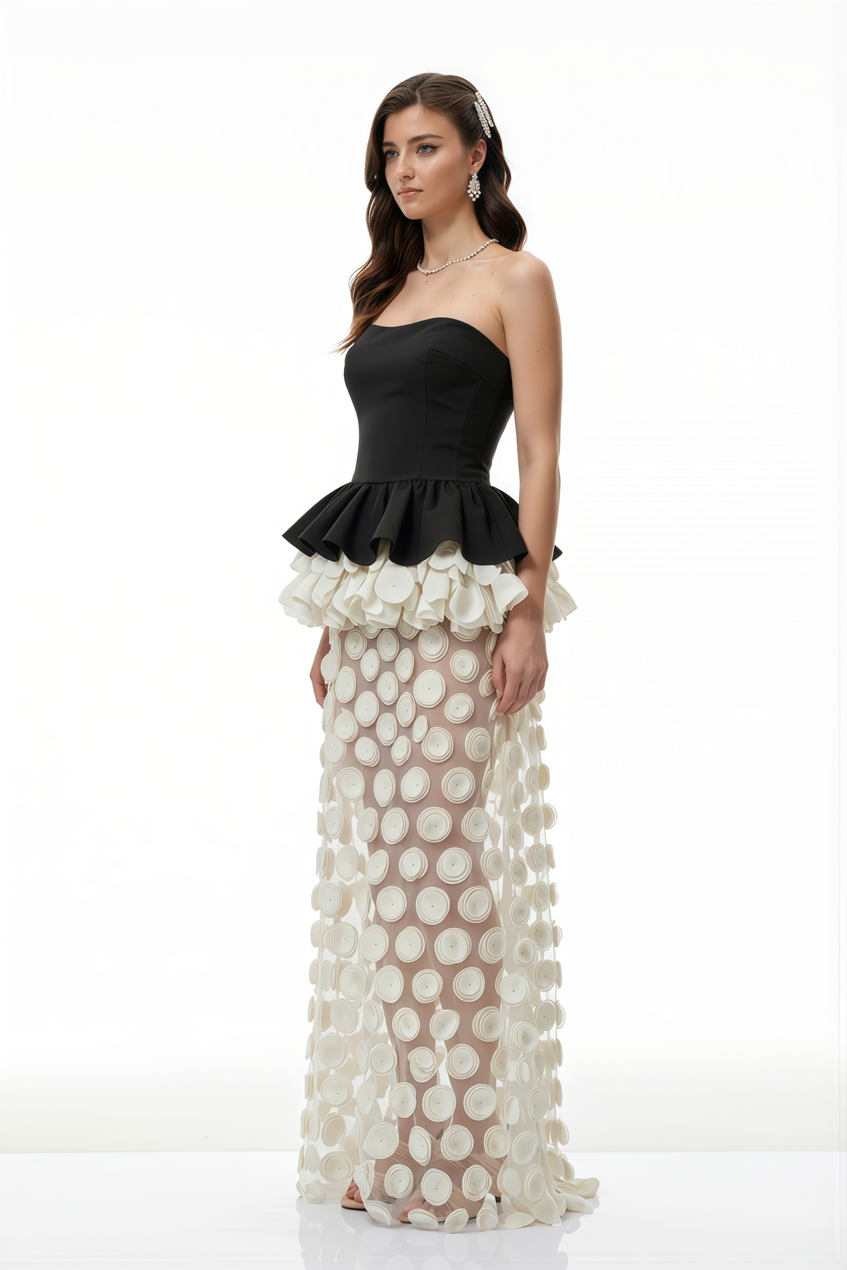 Aurohaya Lioren Black Off Shoulder Maxi Dress with Floral Applique