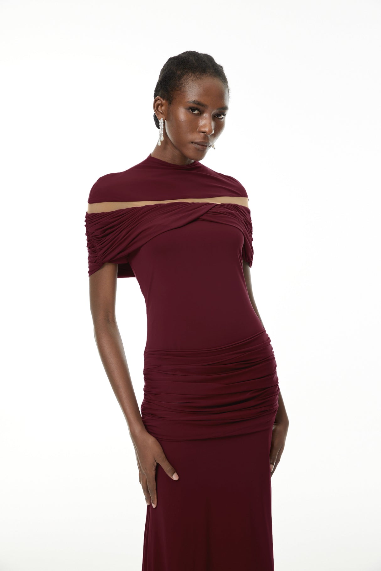 Aurohaya Lise Burgundy Ruched Maxi Dress with Cut-Outs