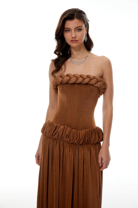 Aurohaya Lluís Brown Ruched Maxi Dress with Braid Detail