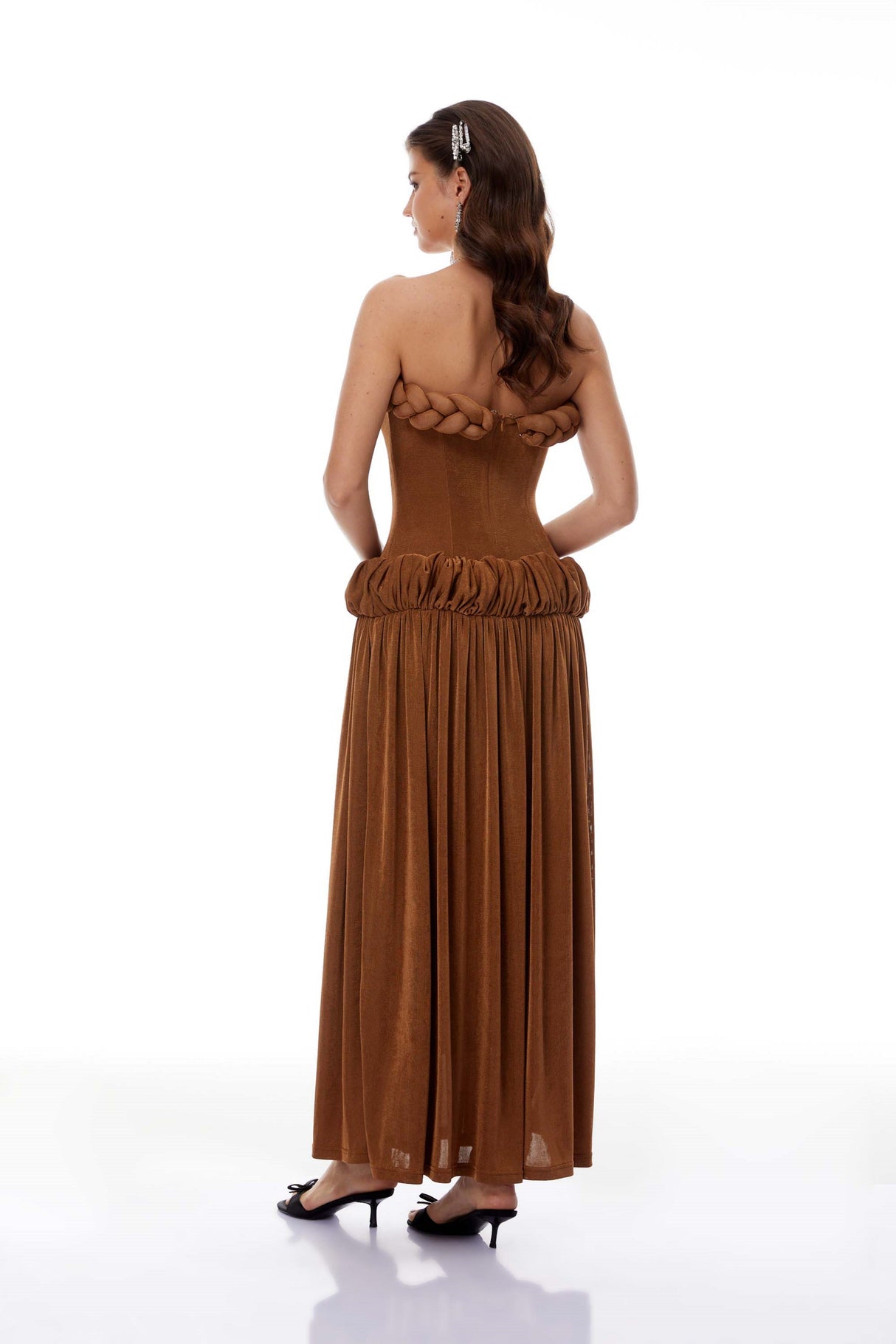 Aurohaya Lluís Brown Ruched Maxi Dress with Braid Detail