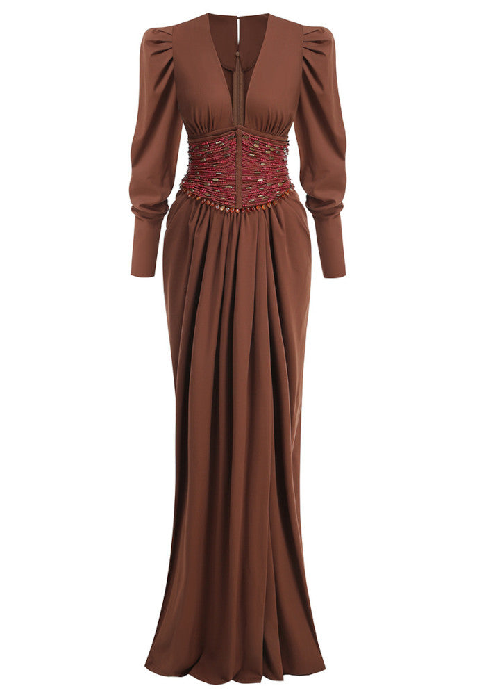 Long Sleeve Beaded Waist Maxi Dress Brown