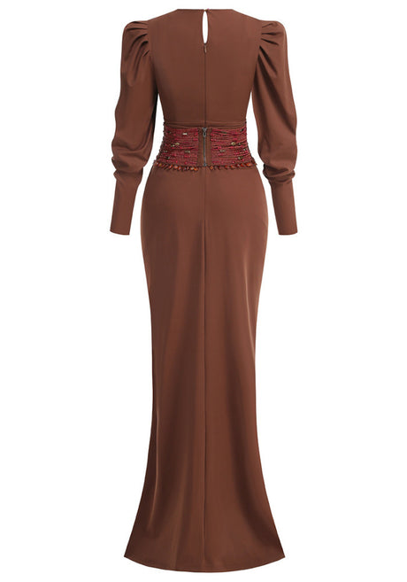Long Sleeve Beaded Waist Maxi Dress Brown