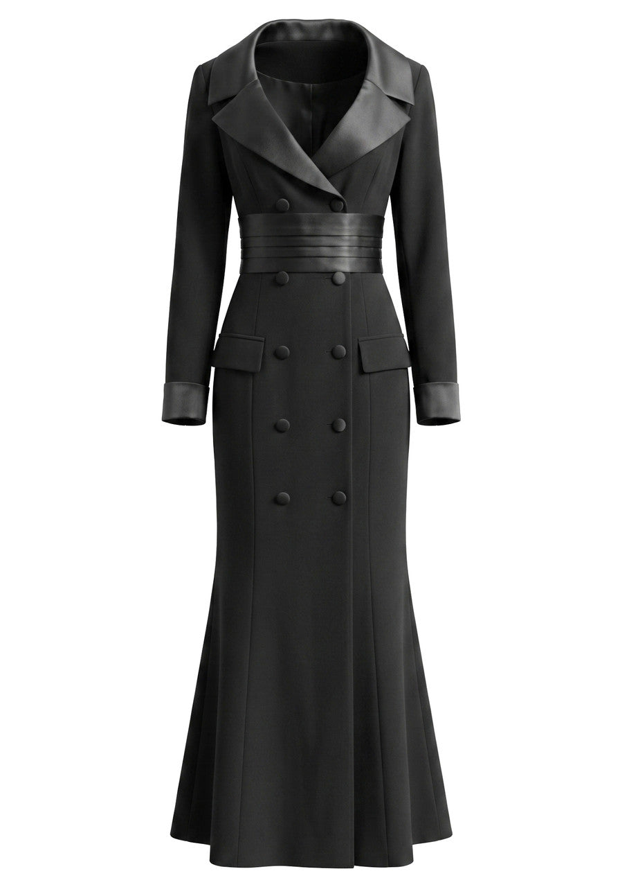 Long Sleeve Corset Detail Maxi Coat Dress Black