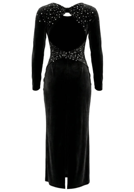 Long Sleeve Crystal Backless Maxi Velvet Dress Black