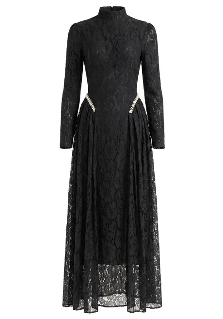 Long Sleeve Crystal Detail A Line Lace Maxi Dress Black