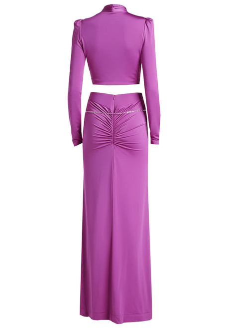 Long Sleeve Crystal Draped Maxi Dress Magenta