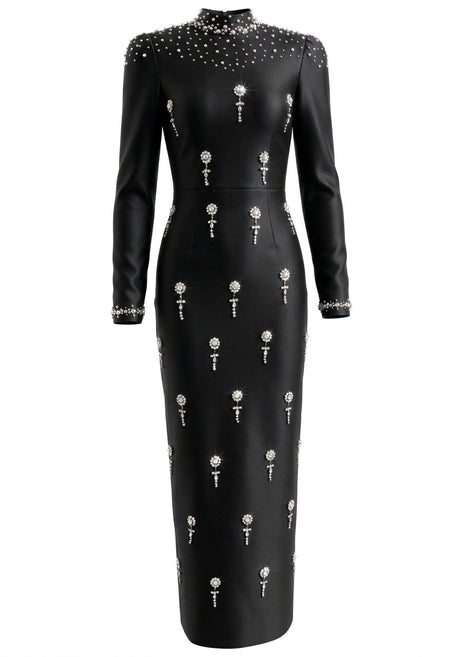 Long Sleeve Crystal Embellished Maxi Dress Black