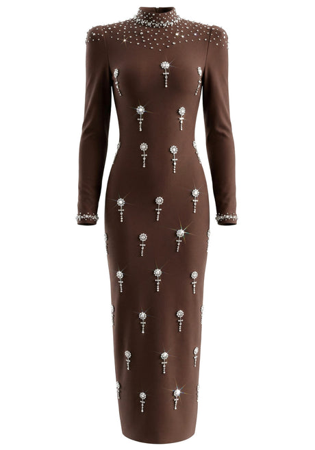 Long Sleeve Crystal Embellished Maxi Dress Brown