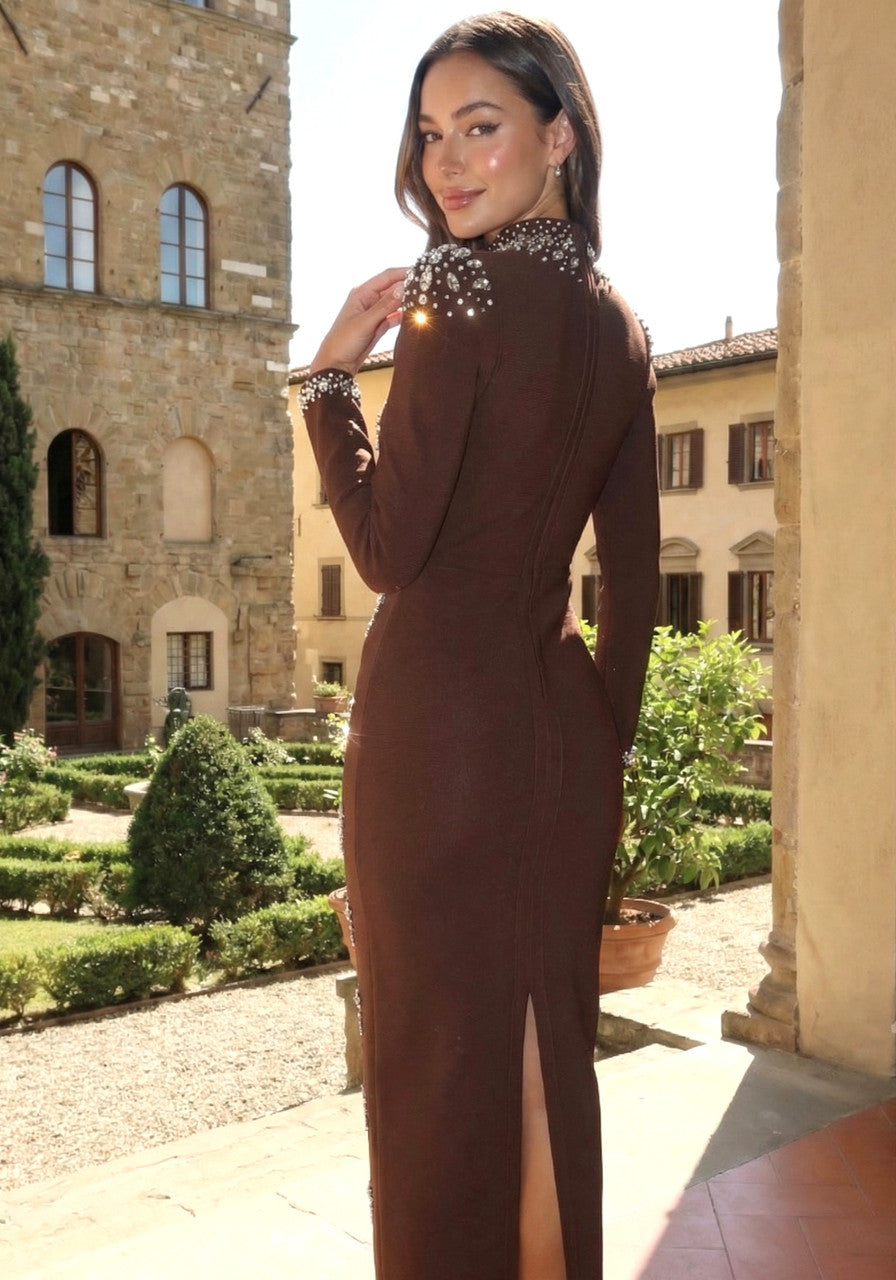 Long Sleeve Crystal Embellished Maxi Dress Brown