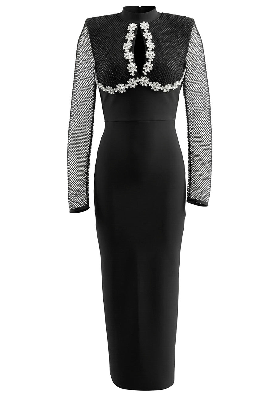Long Sleeve Crystal Floral Detail Maxi Dress Black
