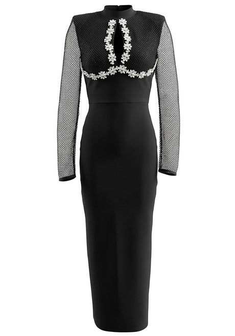 Long Sleeve Crystal Floral Detail Maxi Dress Black