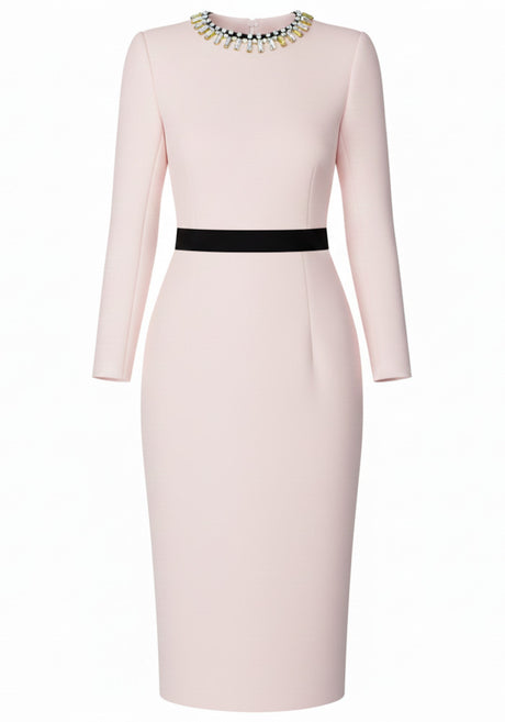 Long Sleeve Crystal Neckline Midi Dress Pink