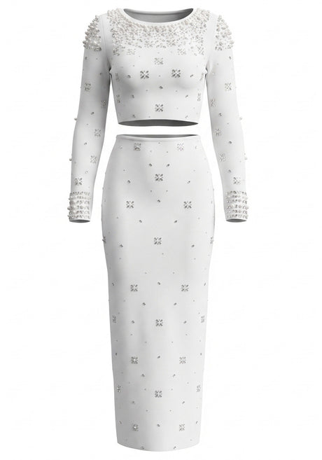 Long Sleeve Crystal Embellished Two Piece Maxi Dress White
