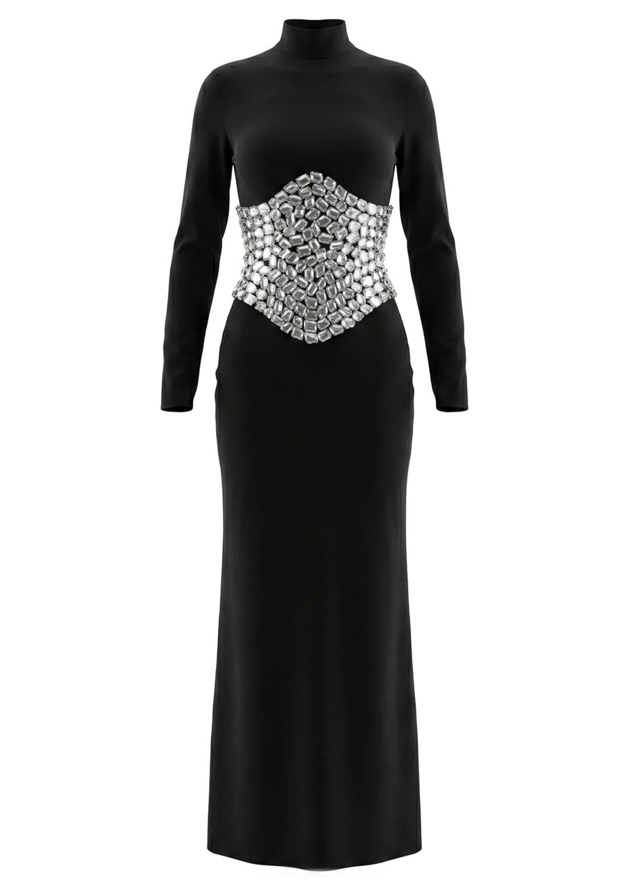 Long Sleeve Crystal Waist Maxi Dress Black