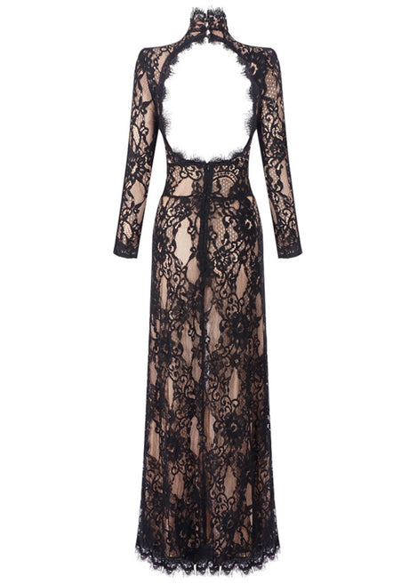 Long Sleeve Cut Out Lace Maxi Dress Black