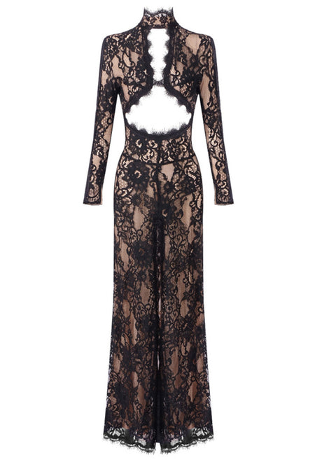 Long Sleeve Cut Out Lace Maxi Dress Black