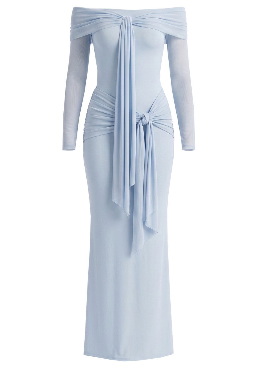 Long Sleeve Draped Bardot Maxi Dress Blue