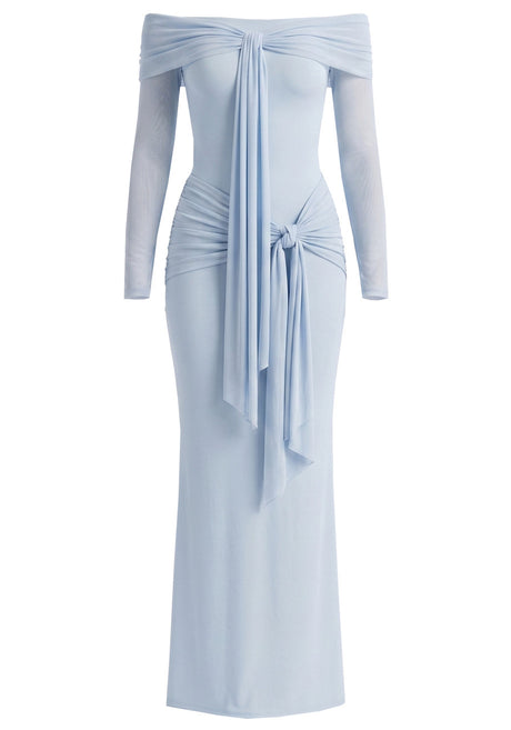 Long Sleeve Draped Bardot Maxi Dress Blue