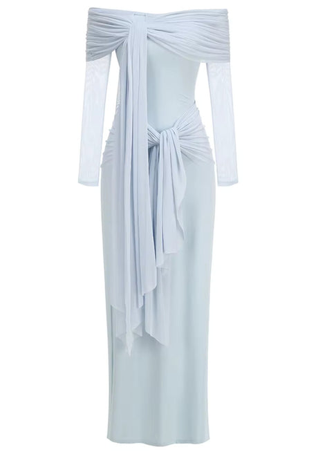 Long Sleeve Draped Bardot Maxi Dress Light Blue