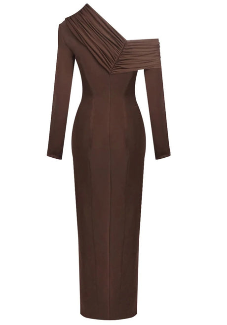 Long Sleeve Draped Detail Maxi Dress Brown