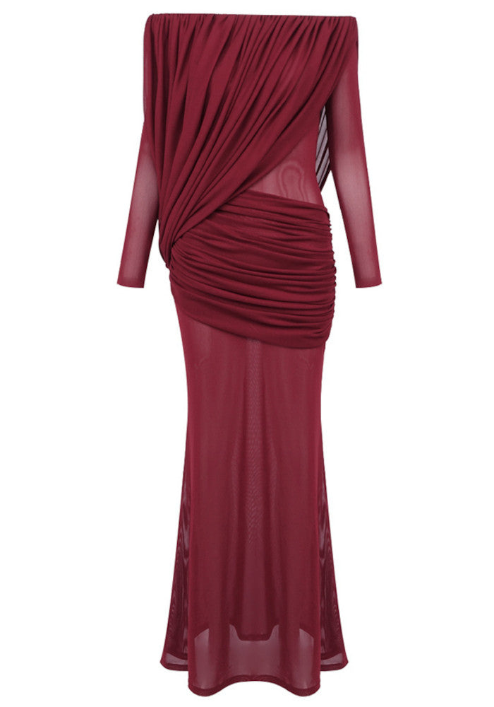 Long Sleeve Draped Bardot Maxi Dress Burgundy