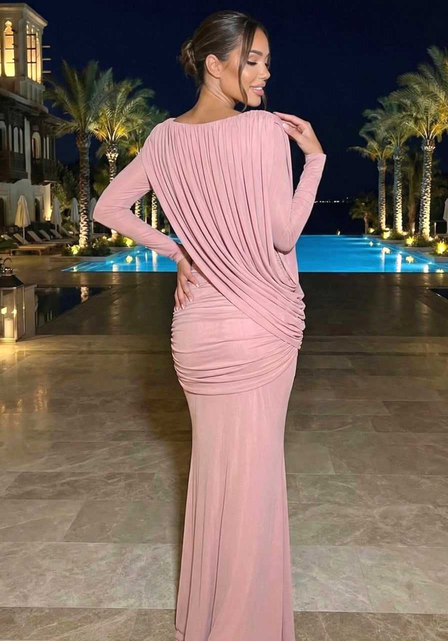 Long Sleeve Draped Bardot Maxi Dress Pink