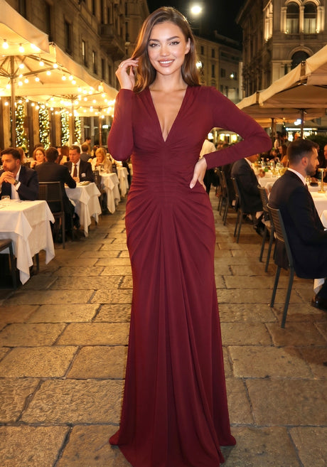 Long Sleeve Draped Maxi Dress Burgundy