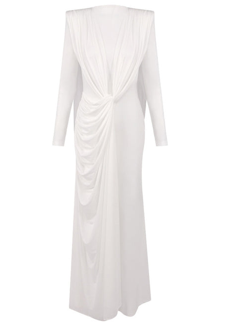 Long Sleeve Draped Design Maxi Dress White
