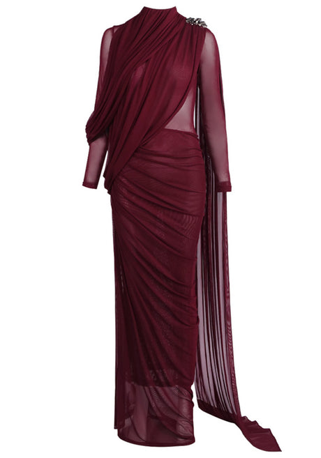 Long Sleeve Draped Mesh Maxi Dress Burgundy
