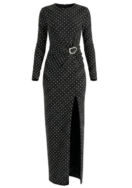 Long Sleeve Draped Polka Dot Maxi Dress Black