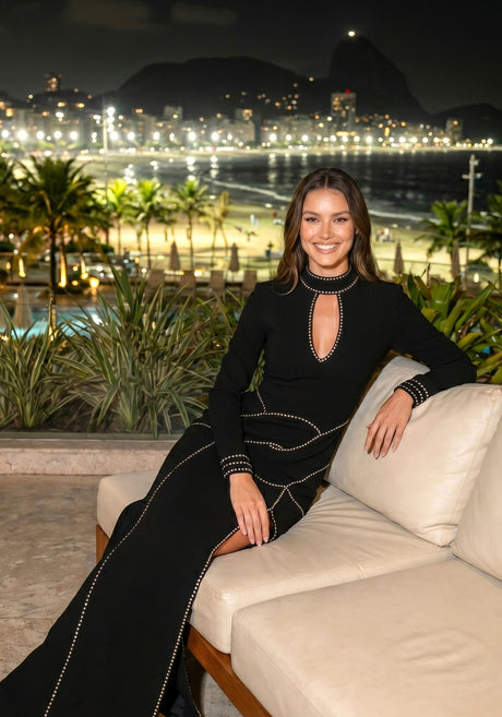 Long Sleeve Embellished Backless Maxi Dress Black