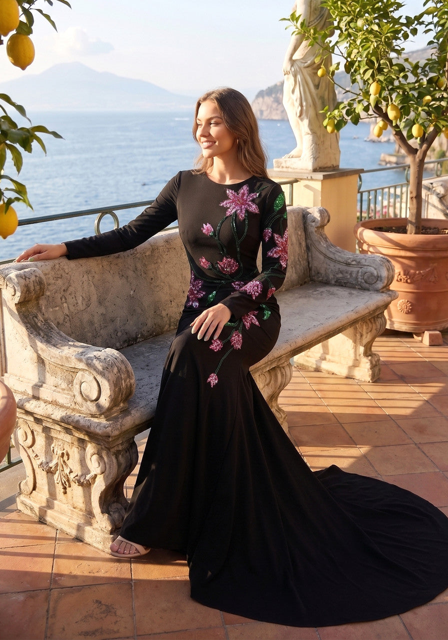 Long Sleeve Embellished Floral Maxi Dress Black