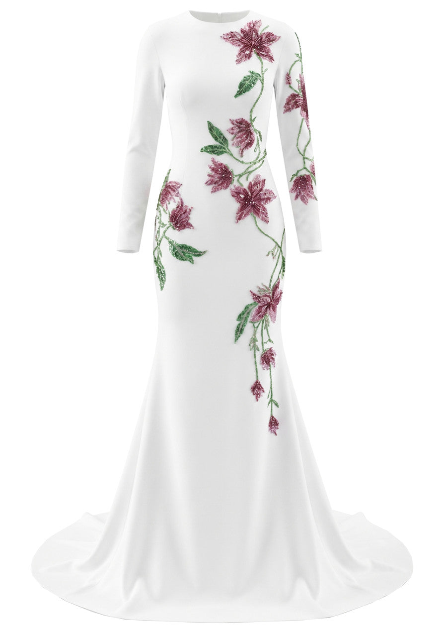 Long Sleeve Embellished Floral Maxi Dress White
