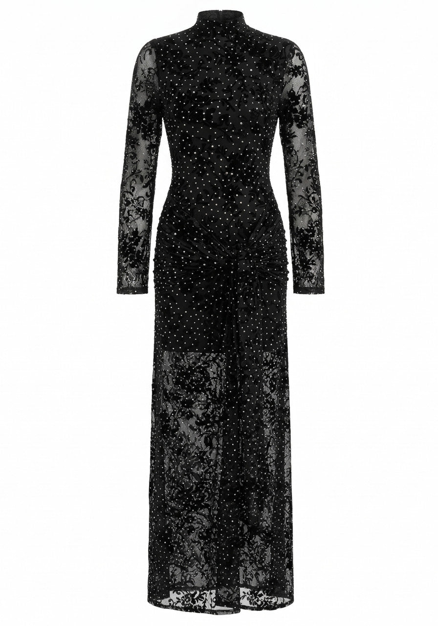 Long Sleeve Embellished Lace Maxi Dress Black