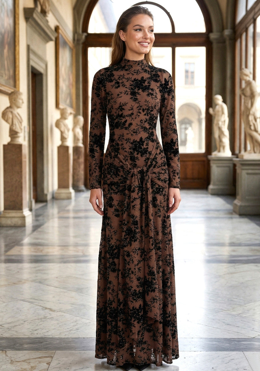 Long Sleeve Embellished Lace Maxi Dress Brown