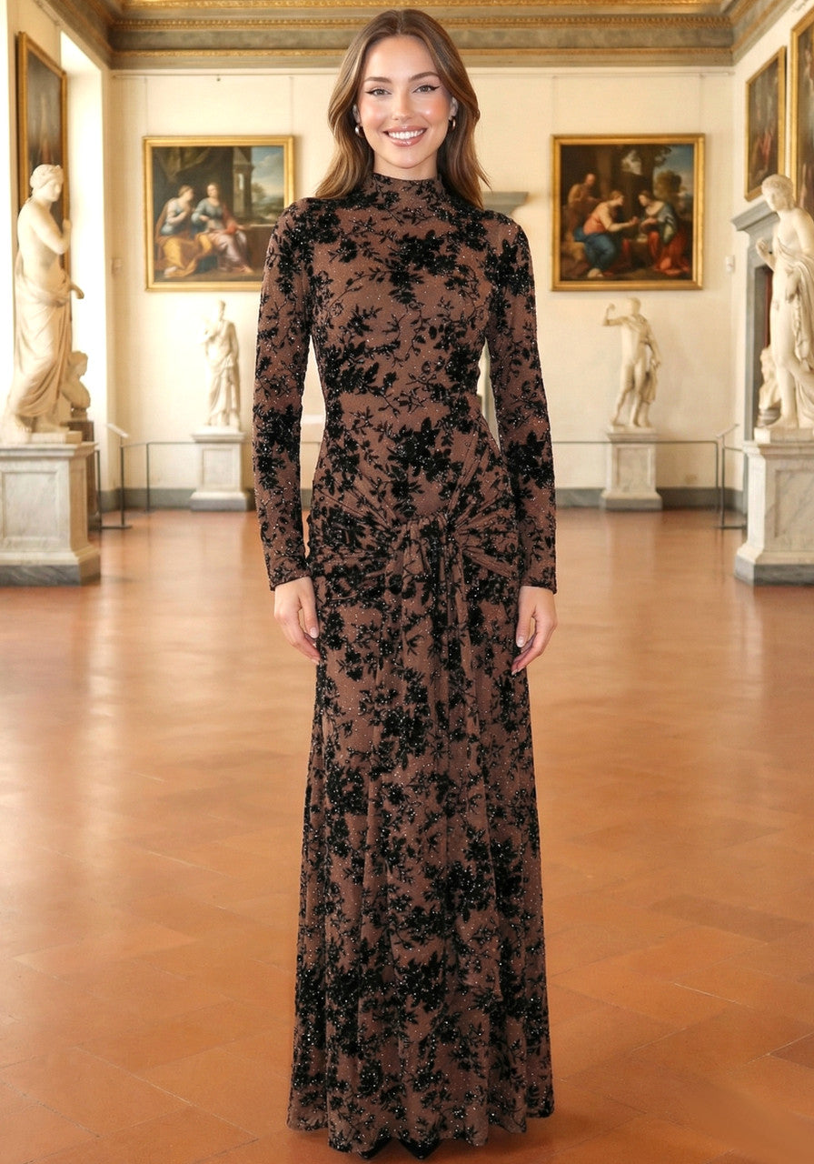 Long Sleeve Embellished Lace Maxi Dress Brown