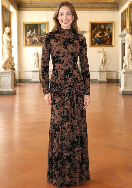 Long Sleeve Embellished Lace Maxi Dress Brown