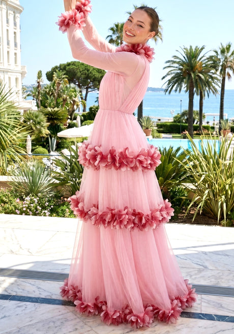Long Sleeve Feather A Line Maxi Dress Pink