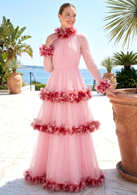 Long Sleeve Feather A Line Maxi Dress Pink
