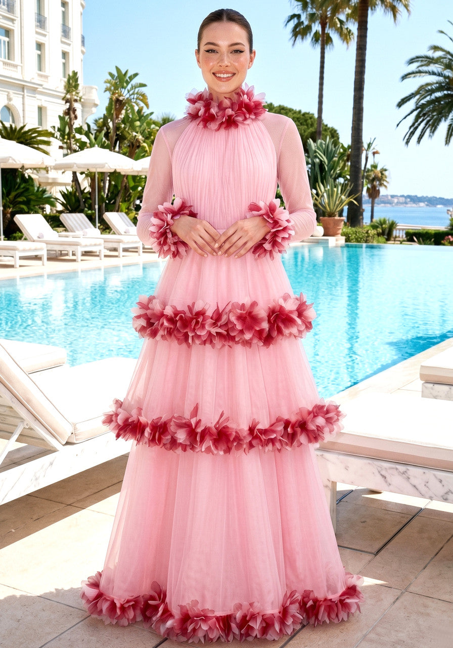 Long Sleeve Feather A Line Maxi Dress Pink